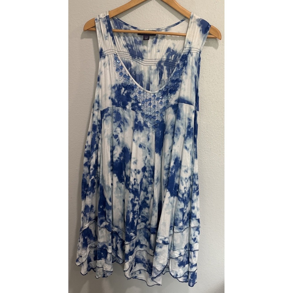 Roman's Blue White Tie Dye sleeveless Shirt Cover-Up Sz 24 Beaded Hippie Boho